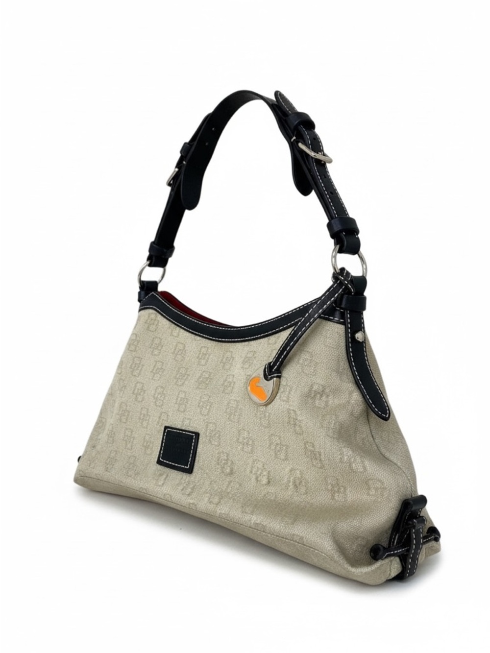 Dooney & Bourke DB Monogram Canvas Hobo Bag Black Leather Trim Y2K Duck Charm